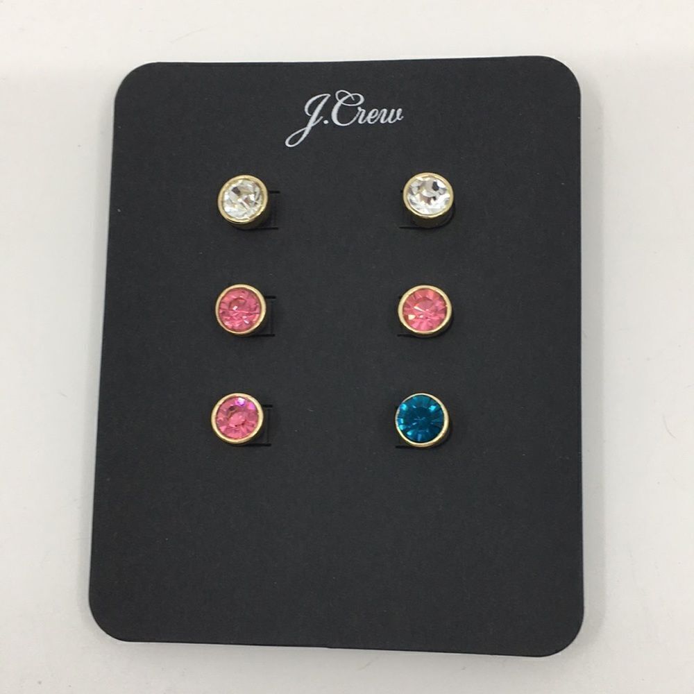 J Crew Set of three stud rhinestone earrings new on card